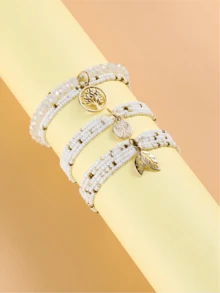 3 cái/bộ Phong cách Bohemian Hợp kim Đời sống Bùa cây Màu xám & Trắng Ly Vòng tay cườm - trắng - Xem 1