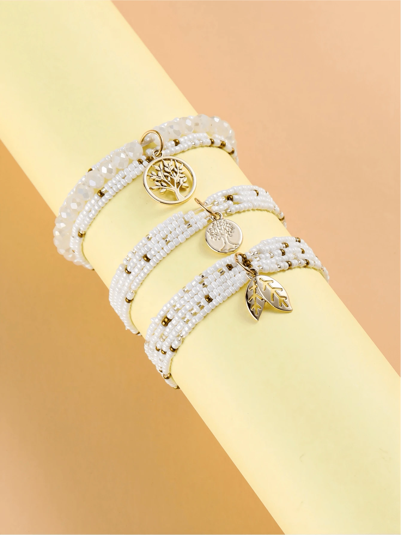 3 cái/bộ Phong cách Bohemian Hợp kim Đời sống Bùa cây Màu xám & Trắng Ly Vòng tay cườm - trắng - Xem 1