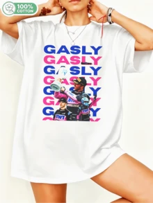 Pierree Gaslyy Formulaa 1 Driver Fan Art T-Shirt, BWT Alpine Racing Collage With Trophy And Helmet, GASLY PinkBlue Repeat Text, Retro 90s Bootleg Style, Unisex Oversized 100% Cotton Crew Neck T-Shirt. - White - View 6