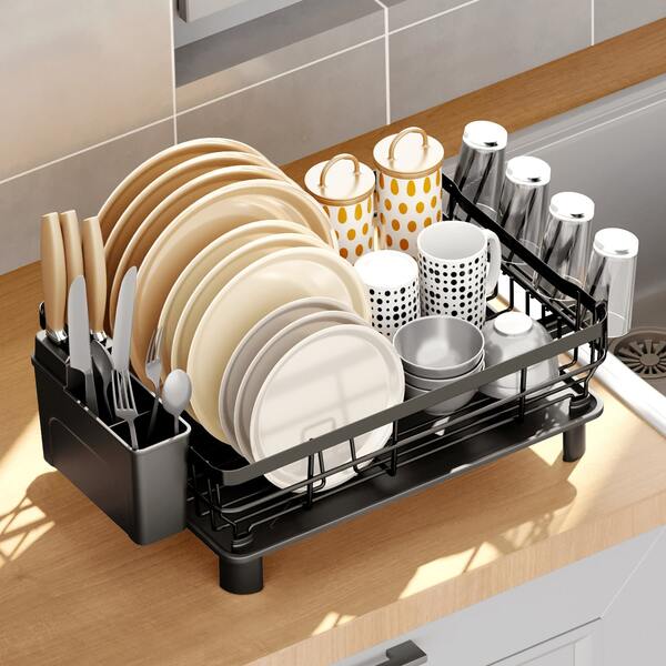 Dish Drying Rack Large Dish Drainer With 360° Drip Tray Bowls Cup Cutlery Holder Kitchen Black
