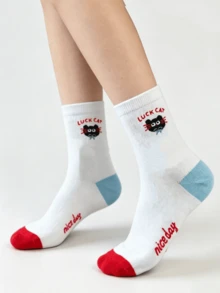 1/5 Pairs Summer Thin Versatile Cute Cat Striped & Polka Dot Mid-Calf Socks - Multicolor - View 3