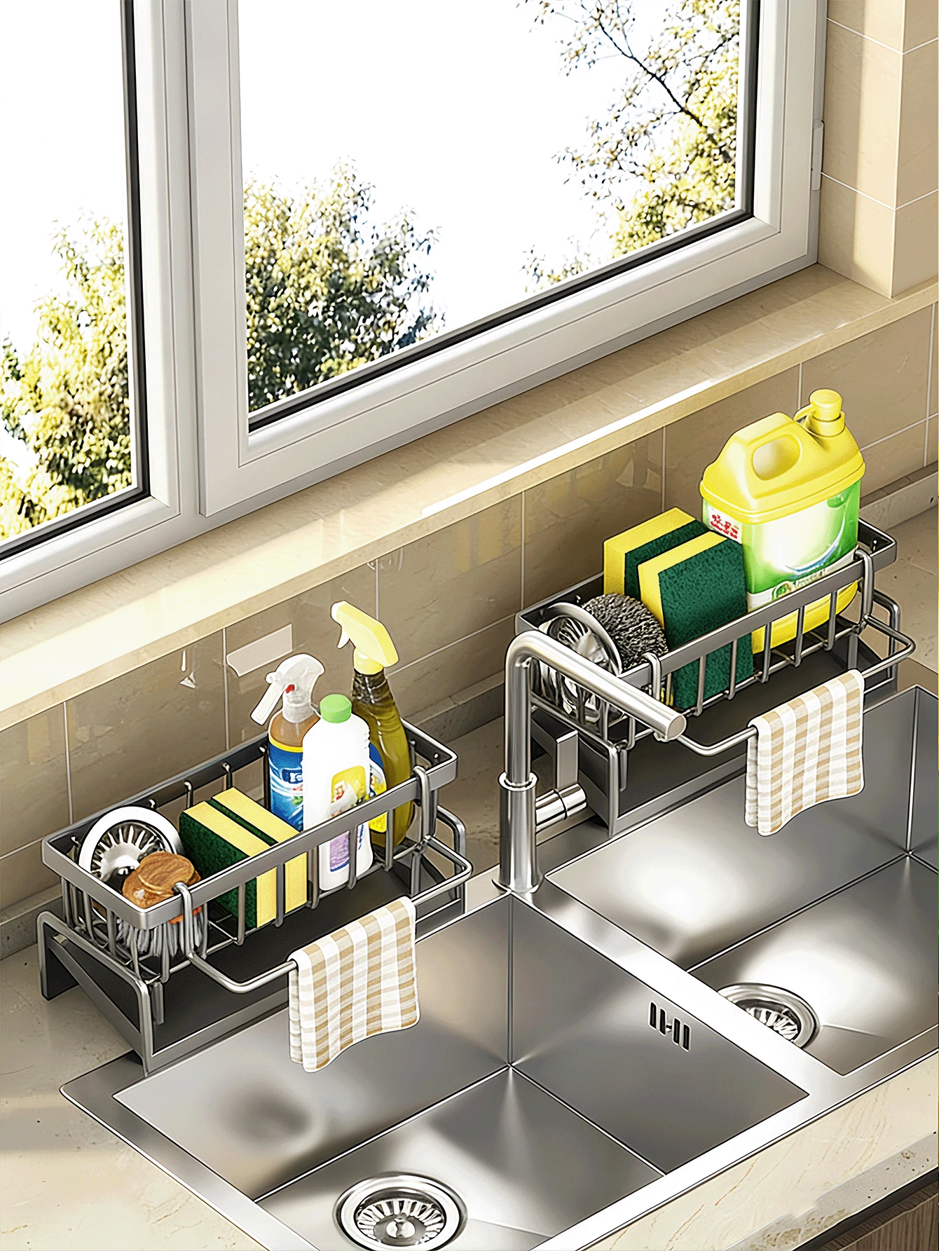 Giá để ráo nước đa năng, chất liệu ABS/thép không gỉ, có thể đựng nước rửa chén, miếng bọt biển, khăn lau chén, dụng cụ nhà bếp, lưới thoát nước, giá đựng khăn lau chén kèm giá treo khăn, chất liệu thép carbon cao cấp, dụng cụ sắp xếp nhà bếp, giá đựng miếng bọt biển và khăn lau chén, giỏ đựng đồ dùng nhà bếp, đồ dùng thiết yếu cho nhà bếp, trang trí phòng, phụ kiện.