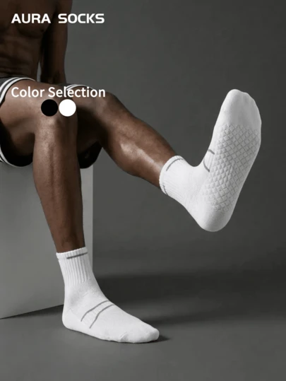 1/3 Pairs Men's Casual Versatile Business Socks, Solid Black & White, Non-Slip Sole, Comfortable Sports Socks For All Seasons