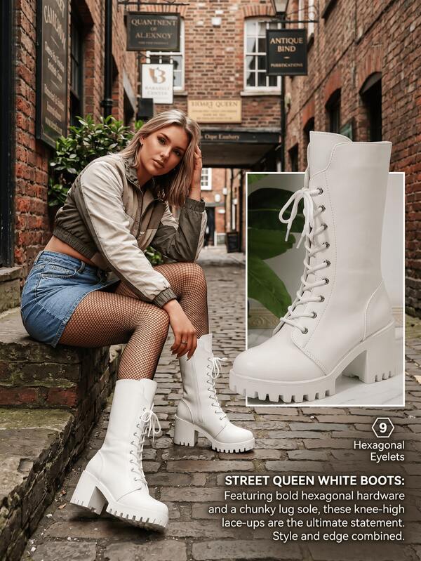 Women's 2026 Autumn/Winter Slimming Increase Height Non-Slip Durable Thick Sole Metal Zipper Lace-Up Decor Solid Color Thin Fleece Lining Round Toe Mid-Calf/Knee-High Thick Heel Boots, Sweet & Spicy Style For Nightclub, Commute, Daily, Festival, Party, Black, White, Faux Leather Riding Boots