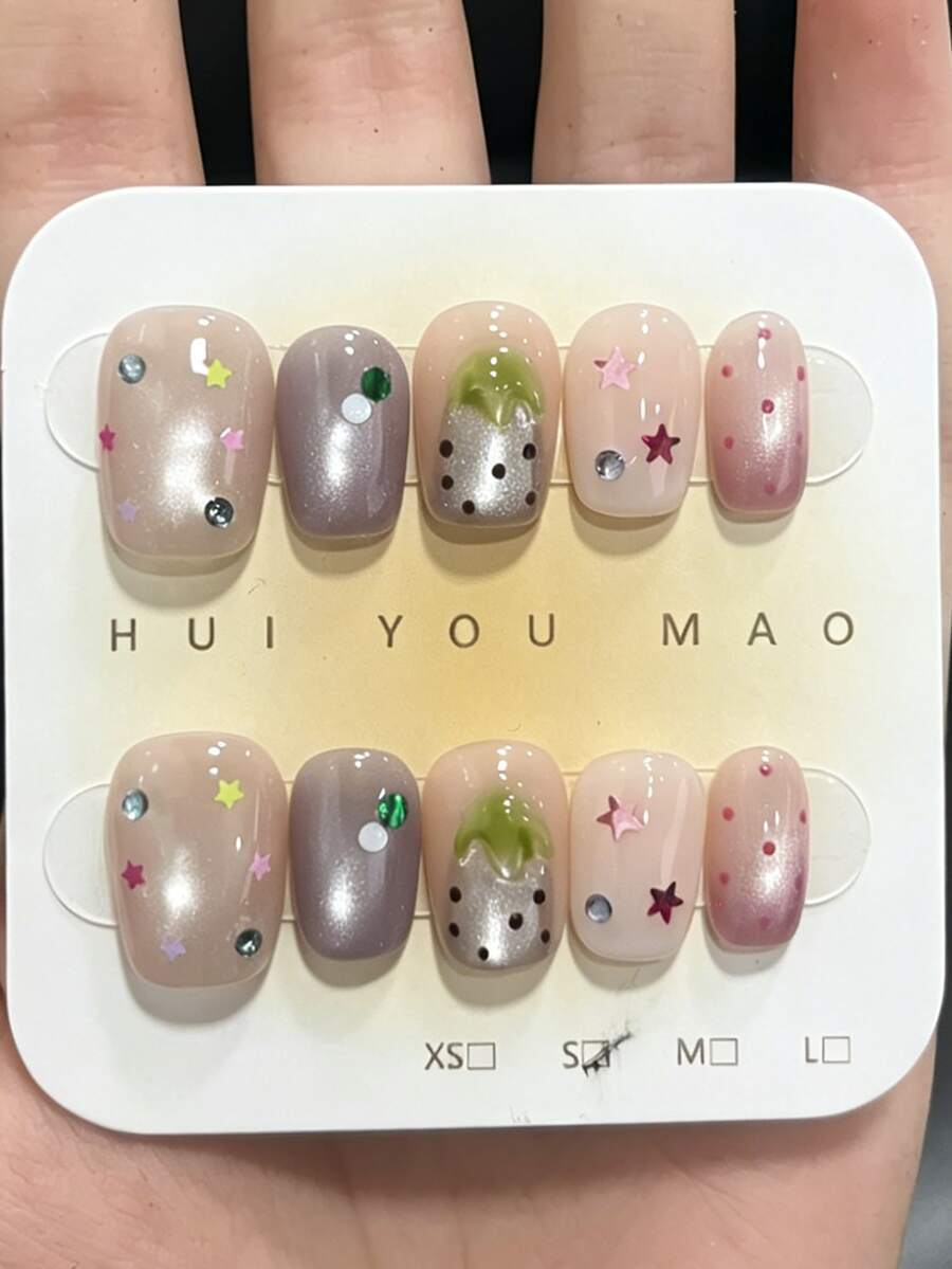 10pcs Handmade Cute Strawberry, Star, Cat Eye Faux Nail Stickers With Rhinestones & Glitters, Short Reusable False Nails For Girls Handmade Press On Nails - Multicolor - View 1
