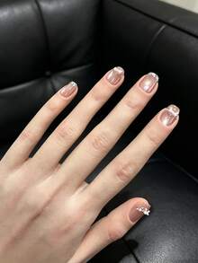 10Pcs Handcrafted Nude Shimmer Press On Nails 3D Bow Diamond Inlay Sweet Elegant Removable Reusable Nail Art Tips - Multicolor - View 2