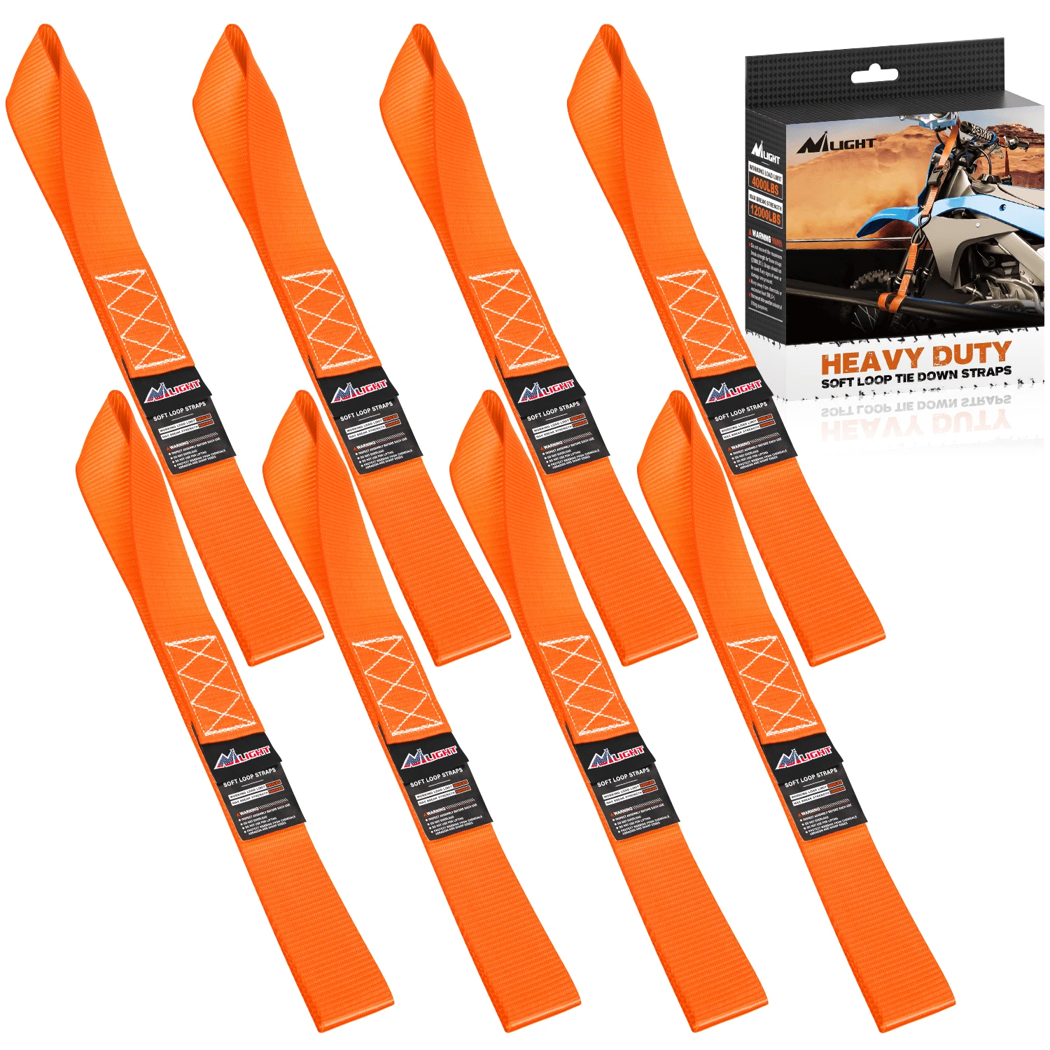 Waywe Orange Soft Loop Tie Down Straps 8 Pack 4500Lbs Heavy Duty Tie Loops For Motorcycle ATV UTV Trailer Transport And Moving Equipment - Orange - View 1