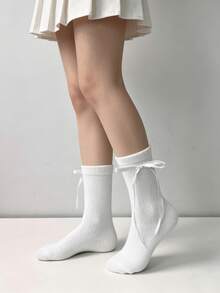 4 pares de calcetines blancos finos y versátiles para primavera/verano con lazo de cinta lateral, calcetines de media caña estilo Lolita - Multicolor - Ver 6