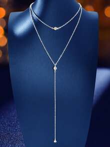 Hihho 1pc Minimalist Sexy Zirconia Decor Layered Long Y-Necklace, Elegant Silver Chain, Fashionable Body Jewelry, Suitable For Party Wear - Y-shaped Chain - View 4