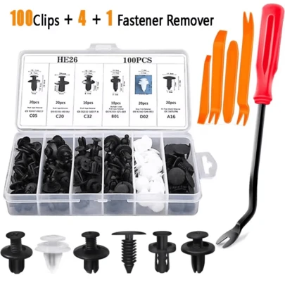 Bộ dụng cụ lắp ráp ô tô 105 chi tiết, bao gồm dụng cụ tháo lắp, phù hợp với nhiều dòng xe khác nhau, chứa đinh tán nhựa nylon, kẹp tấm cửa, kẹp cản và các phụ kiện khác, được thiết kế đặc biệt cho việc sửa chữa ô tô.