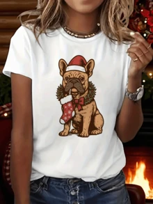 Humorous Graphic T-Shirt Featuring A Festive French Bulldog, Stylish Short-Sleeved Crew Neck Casual T-Shirt Suitable For Any Season, Women's Clothing - 白色 - 查看 1