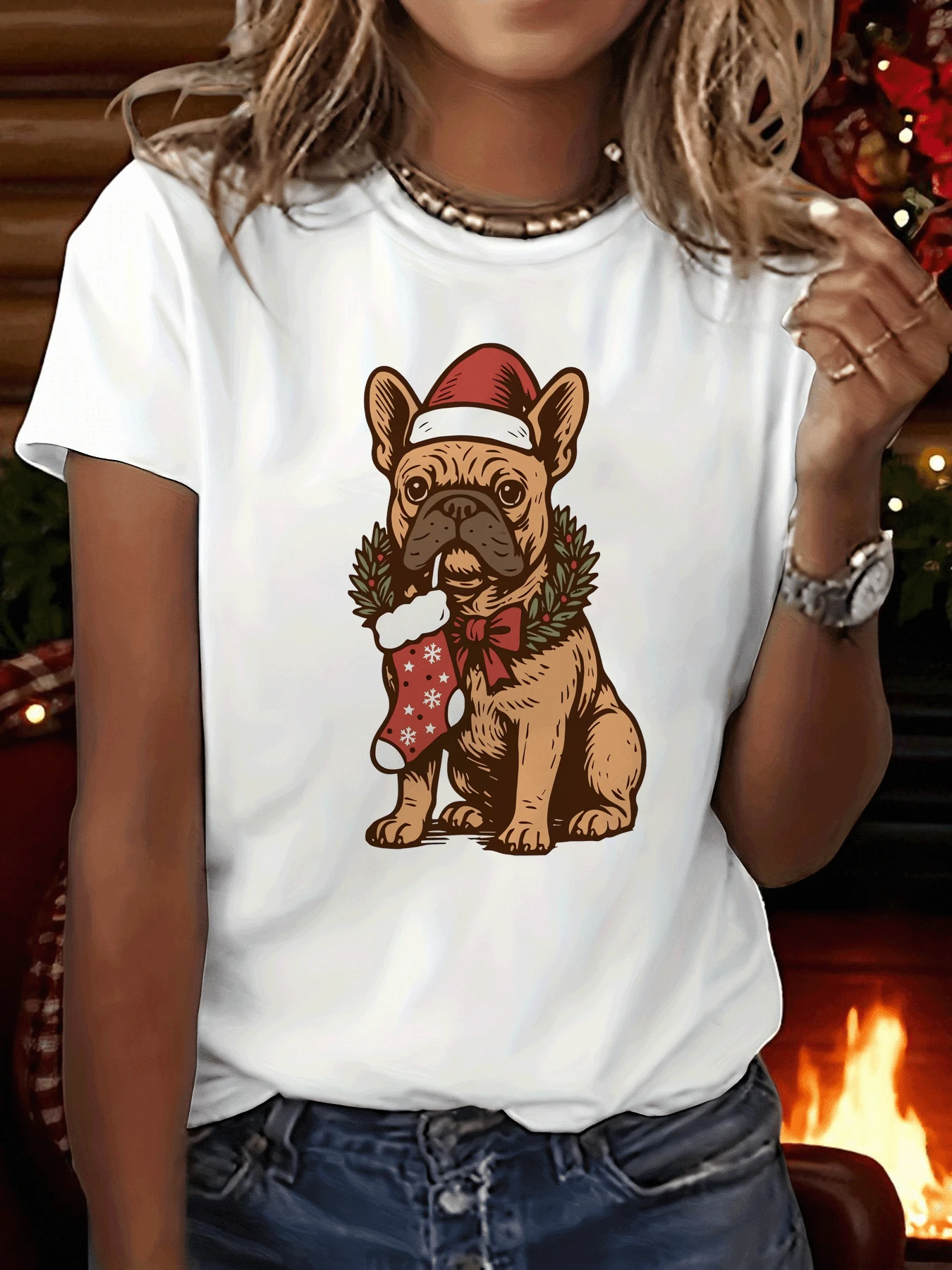 Humorous Graphic T-Shirt Featuring A Festive French Bulldog, Stylish Short-Sleeved Crew Neck Casual T-Shirt Suitable For Any Season, Women's Clothing - 白色 - 查看 1