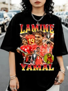 Vintage L-LamineS Y-YamalS Spanien fotbolls-t-shirt från 90-talet, bootleg-stil, med retrografik. - Svart - Visa 1
