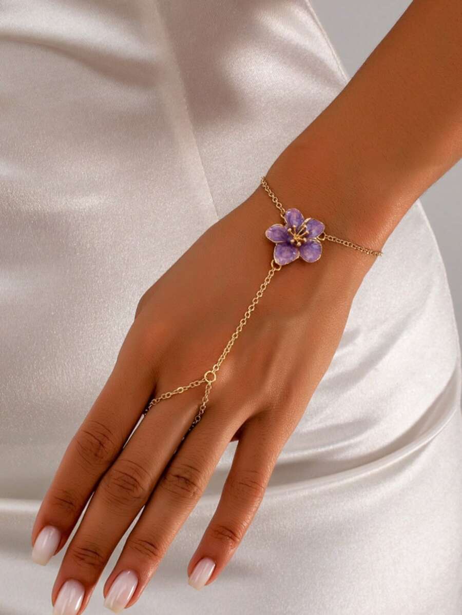 1 pieza Elegante brazalete de flor plisada de metal, adecuado para fiestas y diversas ocasiones - Morado - Ver 1