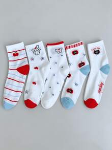 1/5 Pairs Summer Thin Versatile Cute Cat Striped & Polka Dot Mid-Calf Socks - Multicolor - View 12
