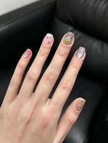 10pcs Handmade Cute Strawberry, Star, Cat Eye Faux Nail Stickers With Rhinestones & Glitters, Short Reusable False Nails For Girls Handmade Press On Nails - Multicolor - View 5