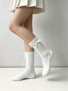 4 Pairs Spring/Summer Thin Versatile White Socks With Side Ribbon Bow Lolita Mid-Calf Socks - Multicolor - View 8