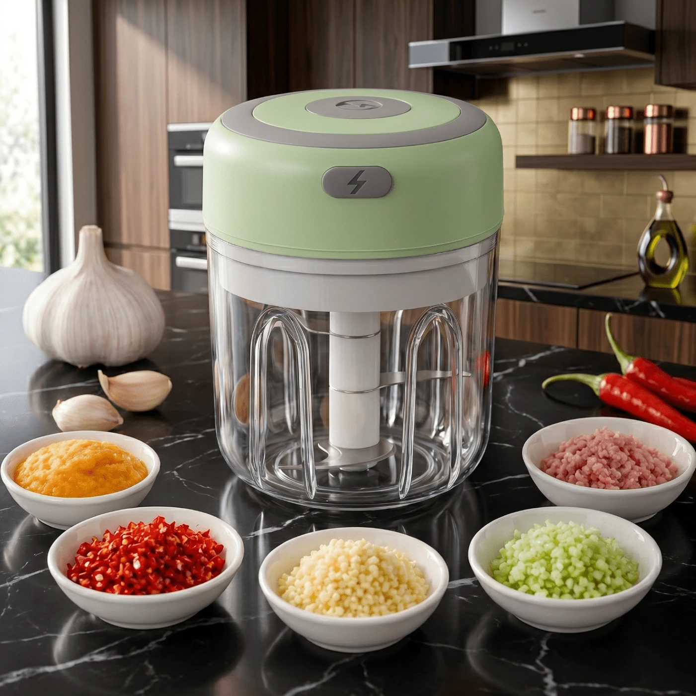 Electric Mini Garlic Chopper Portable Wireless Food Processor For Easy Food Preparation For Onions Peppers And More Capacity - Green - View 1