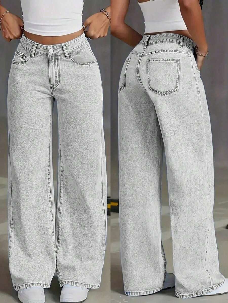Quần jeans nữ dáng suông, rộng rãi, đa năng, có túi. - Màu Xám nhạt - Xem 1