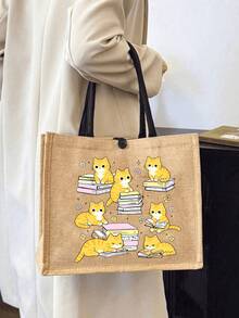 2 pièces/set Sac fourre-tout en jute imprimé chat mignon avec pochette intérieure, sac à bandoulière en canevas spacieux avec sac de rangement assorti, convient pour un usage quotidien pour transporter des épiceries, des livres, des articles essentiels, idéal pour les amateurs de chats, les femmes, les étudiants, les navetteurs, parfait pour les sorties de tous les jours, les courses, l'école, le marché fermier, peut également être utilisé comme sac à main décontracté. - Multicolore - Voir 16