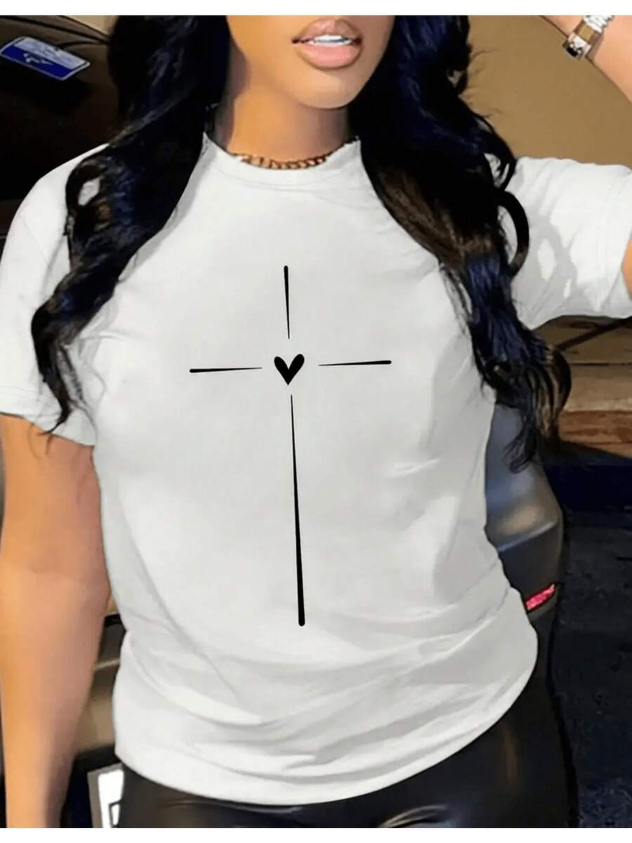 Cruz blanca con corazón en el centro que simboliza la fe la esperanza y el amor transmitiendo energía positiva y serenidad perfecta para quien busca conexión espiritual y estilo sencillo camiseta de hombre casual cómoda para uso diario - Blanco - Ver 1