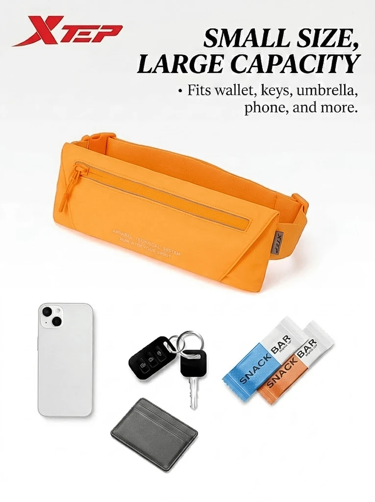 Bolsa de cintura para correr XTEP, diseño ligero, adecuada para primavera 2026, bolsa de running unisex para teléfonos, ciclismo al aire libre, naranja - Naranja - Ver 1
