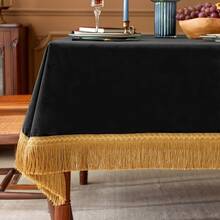 1pc Luxury Tassel Velvet Table Cloth, Mysterious Black, Easy To Clean, High-End Home Decor For Dining Table, Living Room - Multicolor - View 3
