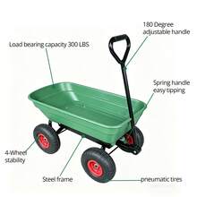 BorealBear Multi Functional Heavy-Duty Four-Wheel Garden Handcart, Heavy-Duty Steel Frame Structure, Plastic Body, All Terrain Outdoor Yard Handling Vehicle With D-Shaped Handle Steering, Suitable For Outdoor Gardening, Lawn, Farm, And Building Handling - 綠色車身 - 查看 5