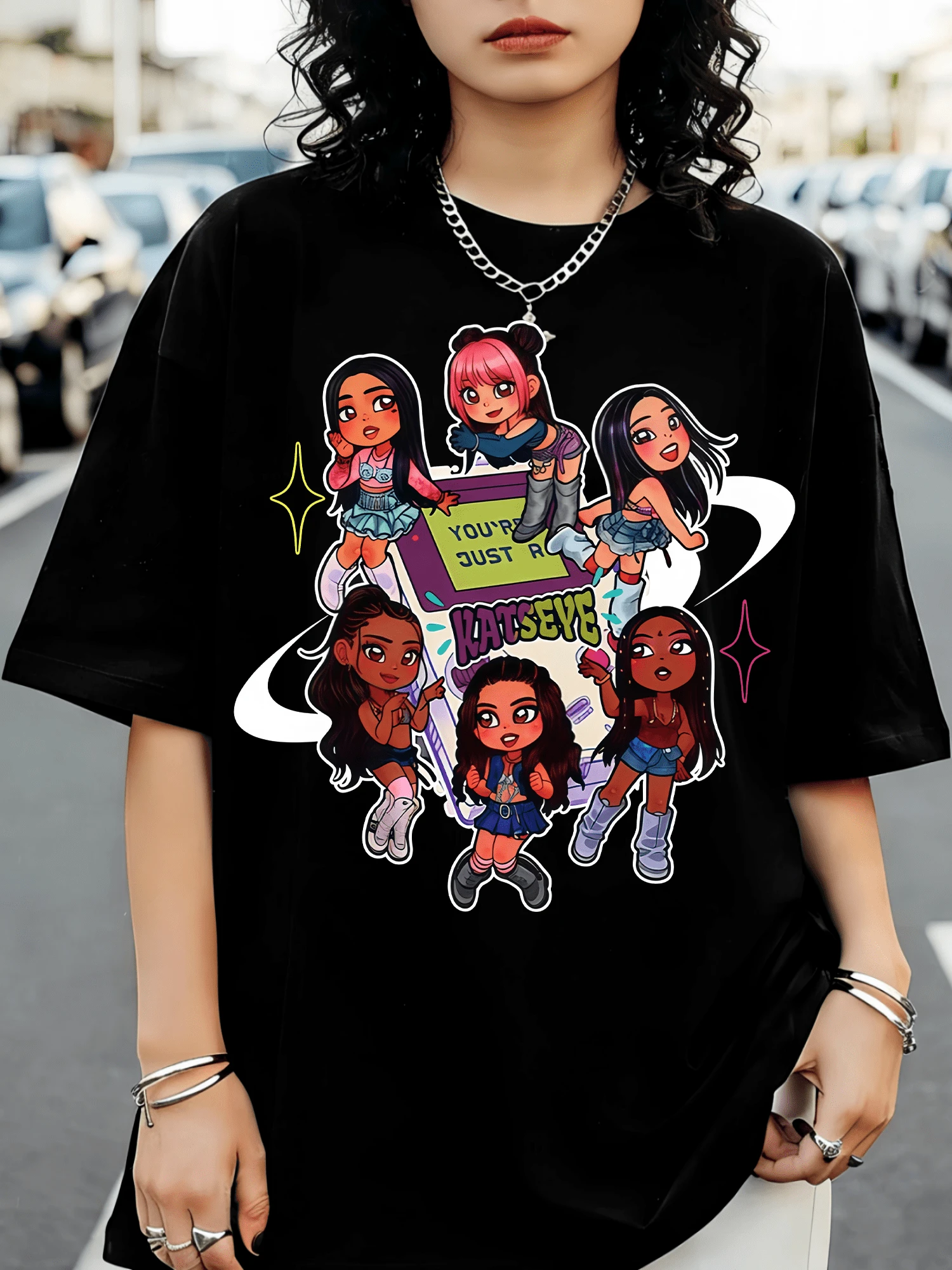 Katseye K-Pop Y2k Gothic T-Shirt Printed With Band Letters - Black - View 1
