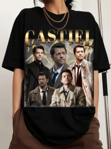 Retro Castiel Crew-Neck Printed Men's Fashion Sports Short-Sleeved T-Shirt - Black - View 1