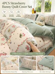 4 piezas Juego de ropa de cama suave y cómodo con estilo INS, estampado de conejo y fresa (1 Edredón + 2 Fundas de almohada + 1 Sábana plana, sin relleno), Juego de ropa de cama reversible con estampado de conejo a rayas, Edredón de jacquard de nube transpirable, Adecuado para dormitorio, habitación de invitados - verde menta - Ver 10