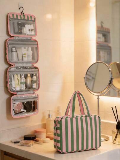 Fashionable Striped Contrast Color Foldable Makeup Bag, Large Capacity, Multifunctional Portable Travel Cosmetic Organizer. Minimalist Style, Foldable Bathroom Makeup Bag With Hook. Can Store Cosmetics, Toiletries And Skincare Products. Suitable For Daily Commute, Travel, Vacation, Business Trip, College Dorm, Unisex.