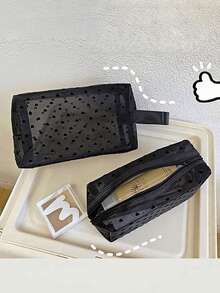 Heart Print Mesh Cosmetic Bag Set, Mesh Makeup Bag With Full Heart Pattern, Zipper Pouch/Toiletry Bag, Portable Mesh Organizer Bag, Suitable For Home, Office, Travel (Black), Great Christmas Gift, Bohemian Style - Multicolor - View 4