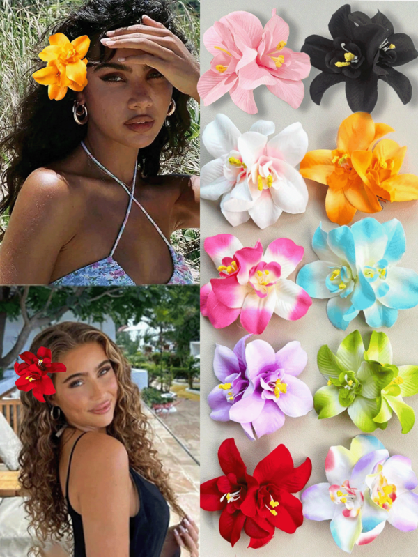 1/10 Pcs Hawaiian Flower Hair Clips For Women Girls, Tropical Hibiscus Orchid Hair Barrettes, Boho Summer Beach Vacation Hair Accessories, Colorful Floral Headpiece For Luau Party