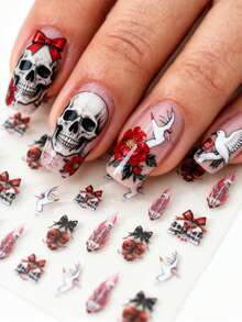 1pc Gothic Skull & Bow Nail Sticker, Self-Adhesive 3D Embossed Nail Art Decal, Nail Decoration, Ideal Gift For Women, Suitable For Festivals And Parties - Multicolor - View 1