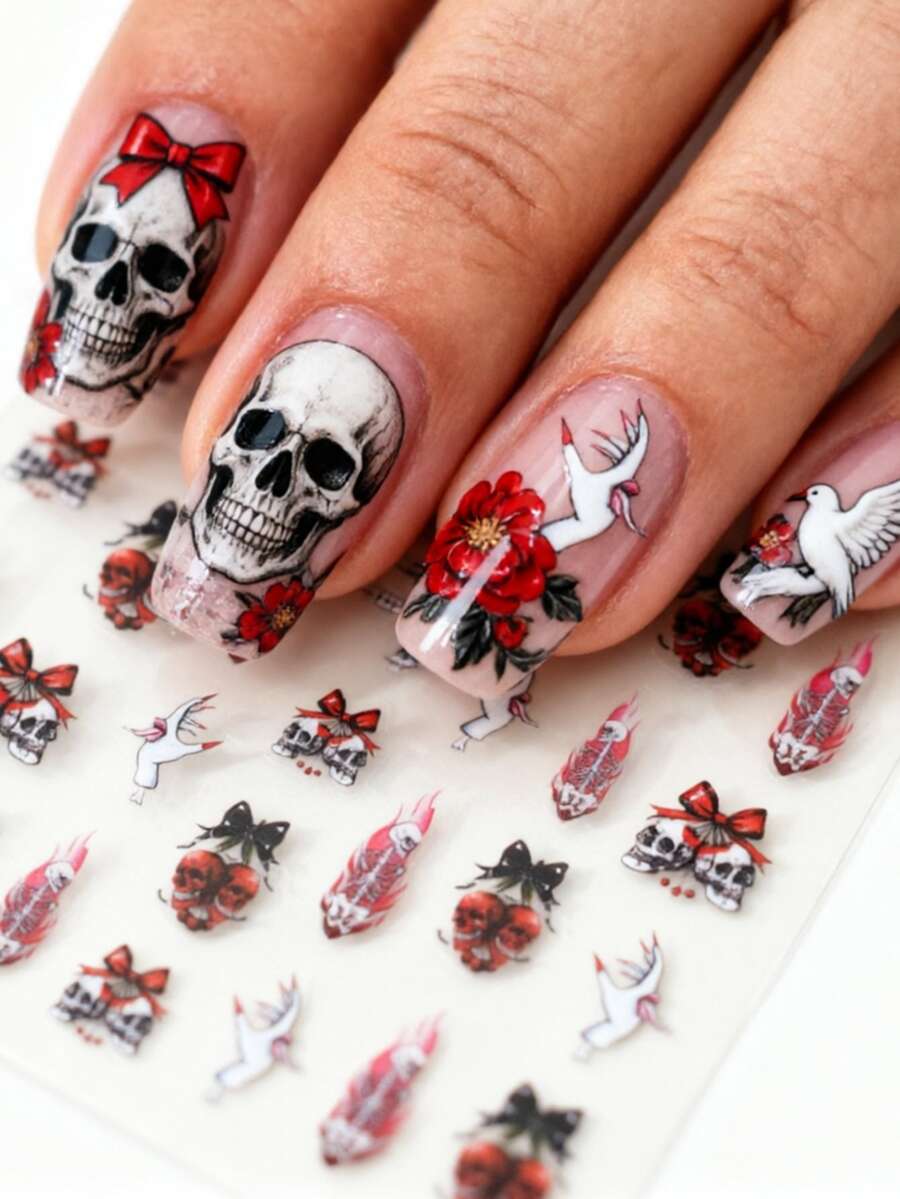 1pc Gothic Skull & Bow Nail Sticker, Self-Adhesive 3D Embossed Nail Art Decal, Nail Decoration, Ideal Gift For Women, Suitable For Festivals And Parties - Multicolor - View 1