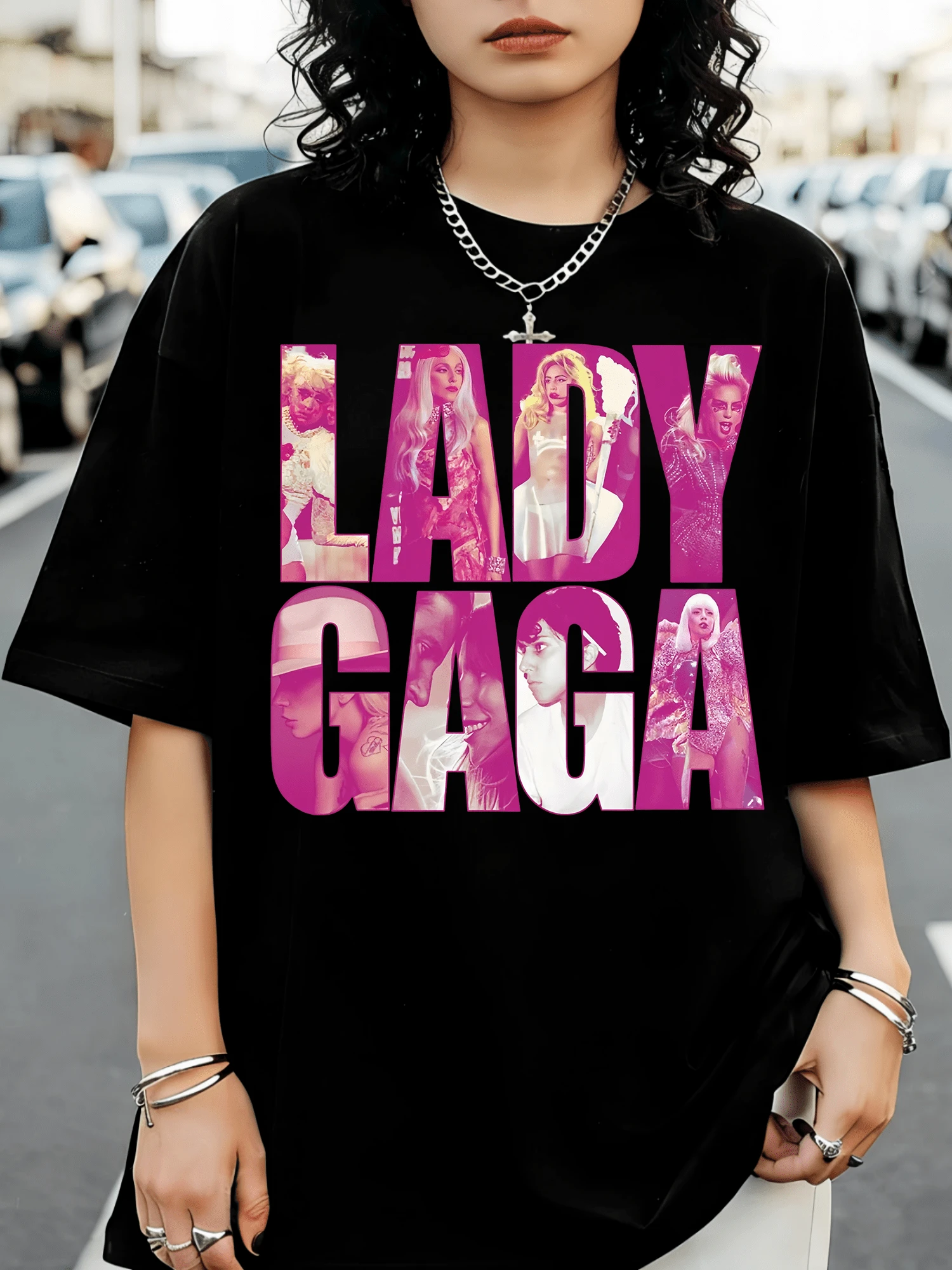L-Ladys G-Gagas Pop Icon Bootleg Style Graphic T-Shirt Retro Concert Fan T-Shirt - Black - View 1
