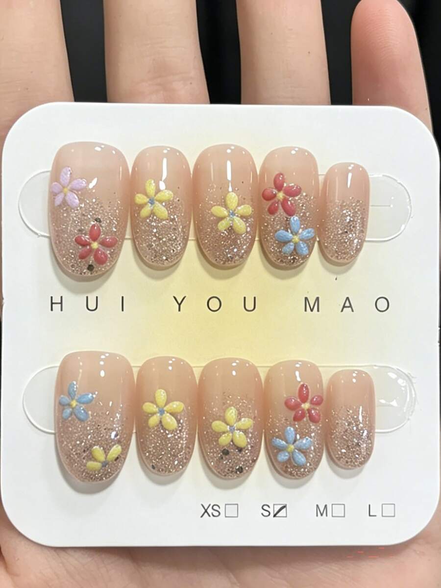 10Pcs Summer Colorful Flower Press On Nails, Short Square Nude Glitter Gradient Fake Nails, Handmade Reusable False Nail Tips For Women - Multicolor - View 1