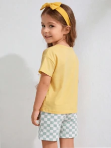 2pcs/Set Girls' Summer Outfit, Cute Bunny Ballet Print T-Shirt Paired With Tulle Skirt & Plaid Shorts, 2-7 Years Old Sweet Casual Clothing - Yellow - View 2