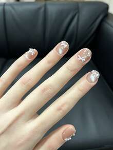 10Pcs Handmade Press On Nails Nude Glitter Fake Nails With Cat Eye, 3D Pink Bow & Pearl Design Short Reusable False Nails For Girls - Multicolor - View 2
