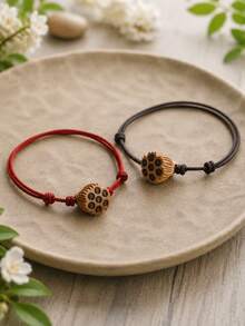 Set de 2 pulseras ajustables hechas a mano - Colgante de semilla de loto de madera, cuerda roja y marrón, regalo de joyería para parejas/mejores amigos - Pulsera trenzada - Ver 9