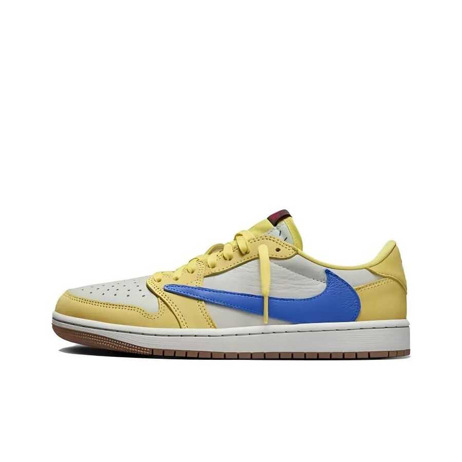 Nike × Jordan Air Jordan 1 倒鉤 7.0 皮革 Low OG Canary Yellow 聯名款 防滑 低筒 復古籃球鞋 女款 金絲雀黃 藍色 - 黃色 - 查看 1