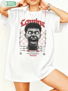 Aminee Yamal fotbollsstjärna fanart-t-shirt, grungeporträtt med taggtrådsbakgrund, fetstilt tryck, streetwear-inspirerad grafik, unisex överdimensionerad t-shirt i 100 % bomull med rund hals. - Vitt - Visa 1