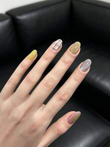 10片手工制作可爱绿色星星亮片假指甲格子图案哑光亮面可佩戴按压式指甲 - 彩色 - 查看 4