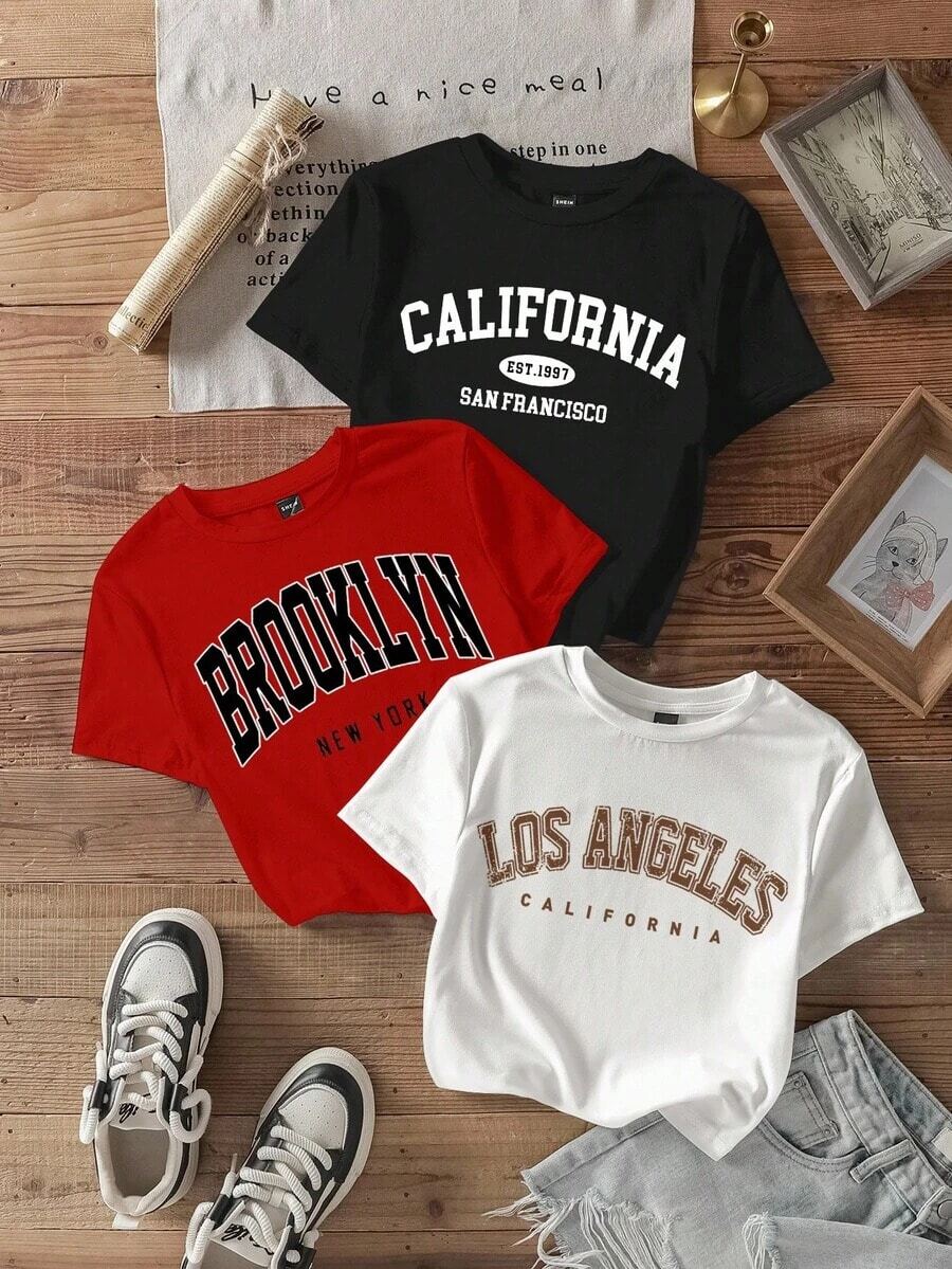 Prenda individual, no un conjunto de 3 piezas, 1 piezas/set de camisetas de manga suitable for streetwear, Top oversized cuello redondo daily outings, camping, concerts, hip-hop, rock, and rap events Conjunto de camisetas cortas de mujer de cuello redondo, de manga corta, de ajuste ceñido, con gráficos en inglés de estilo minimalista casual, adecuado para el verano - Negro - Ver 1