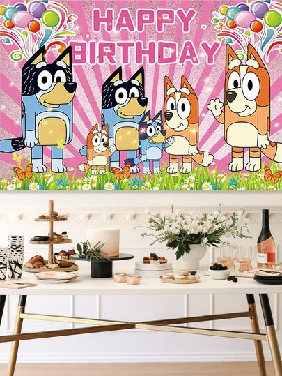  Bluey Themed Happy Birthday Backdrop, Featuring The Beloved Bluey Family Against A Vibrant Pink Background With Balloons, Butterflies, And Floral Details. Made Of Durable, Wrinkle-Resistant Polyester, This Backdrop Is Lightweight And Easy To Hang, Perfect For Birthday Parties, Photo Booths, And Themed Events. It Adds A Cheerful, Playful Atmosphere To Celebrations While Creating A Memorable Setting For Photos And Decorations.