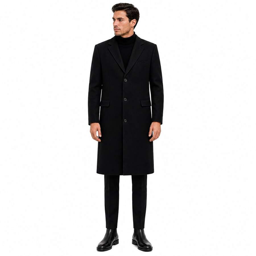 Elegant Long Men's Overcoat With Button Details, In A Composite Fabric, Ideal For A Sophisticated Winter Look. - màu đen - Xem 1