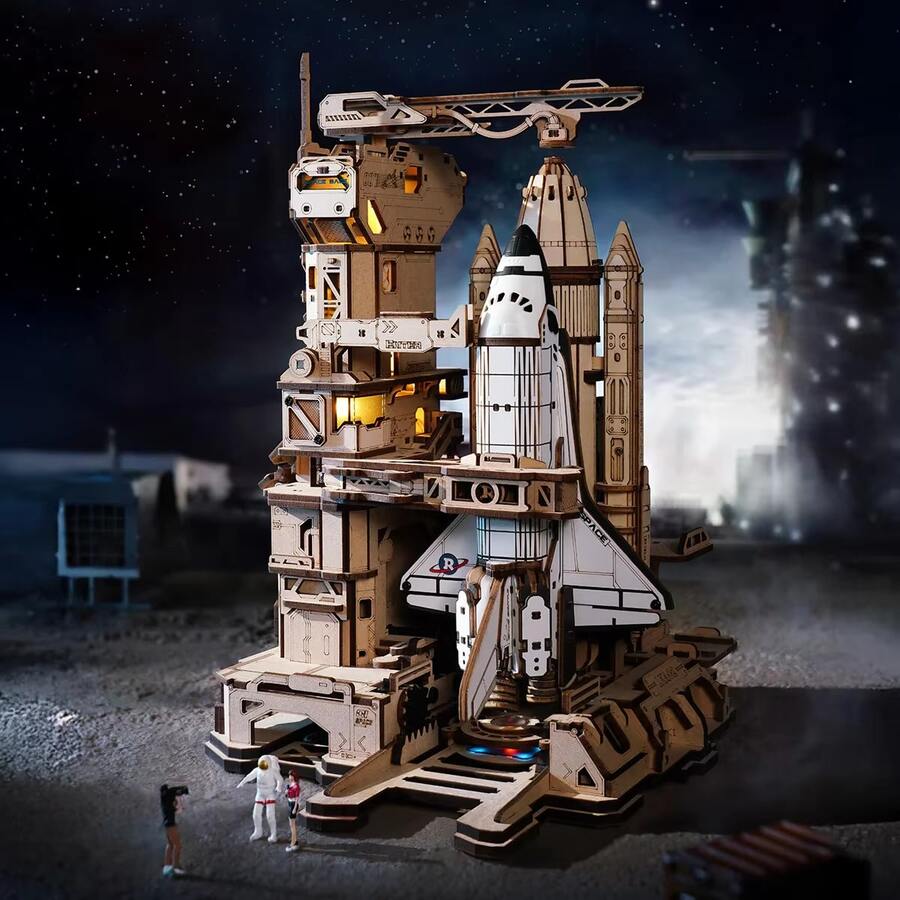 Robotime ROKR 3D Wooden Space Shuttle Model Kit - 446 Piece STEM Building Set With Launch Simulation & LED Light Effects, Educational DIY Puzzle For Adults & Teens, Unique Gift For Space Enthusiasts