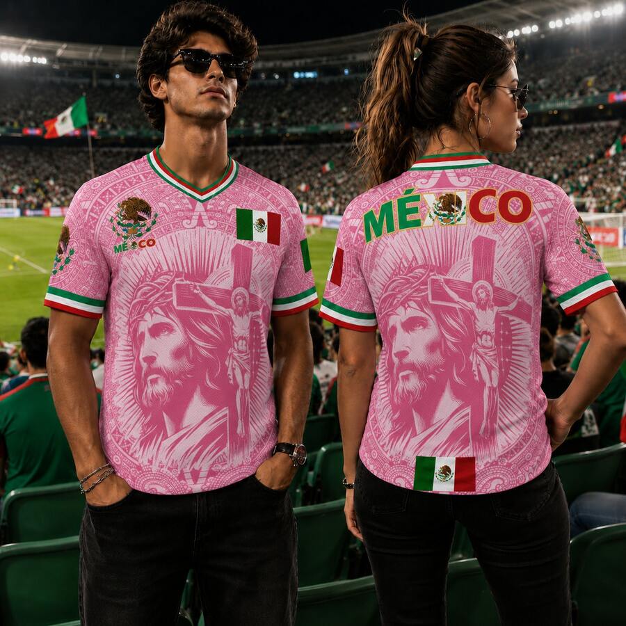 New Light Pink Virgencita & San Juditas Calendar Plus-Size Mexican Soccer Jerseys For Men And Women, Casual Street Style Y2K Fan Apparel For Spring And Summer. Comfortable, Breathable, Retro V-Neck All-Over Graphic T-Shirt With Mythological Creatures And Stylish Prints. Perfect For Soccer Matches And Casual Sports. This Short-Sleeved Top Is The Perfect Gift For Men, Dads, And North American Soccer Fans. 100% Polyester. Mexican Flag, Cross, Jesus, God - 粉紅色 -1件 -F - 查看 1