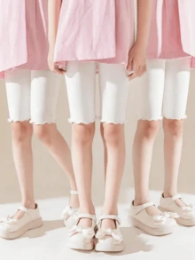 3pcs/Pack Young Girl' Soft & Comfortable White Frill Trim Leggings, Versatile Layering Pants For Spring & Autumn - White - View 1